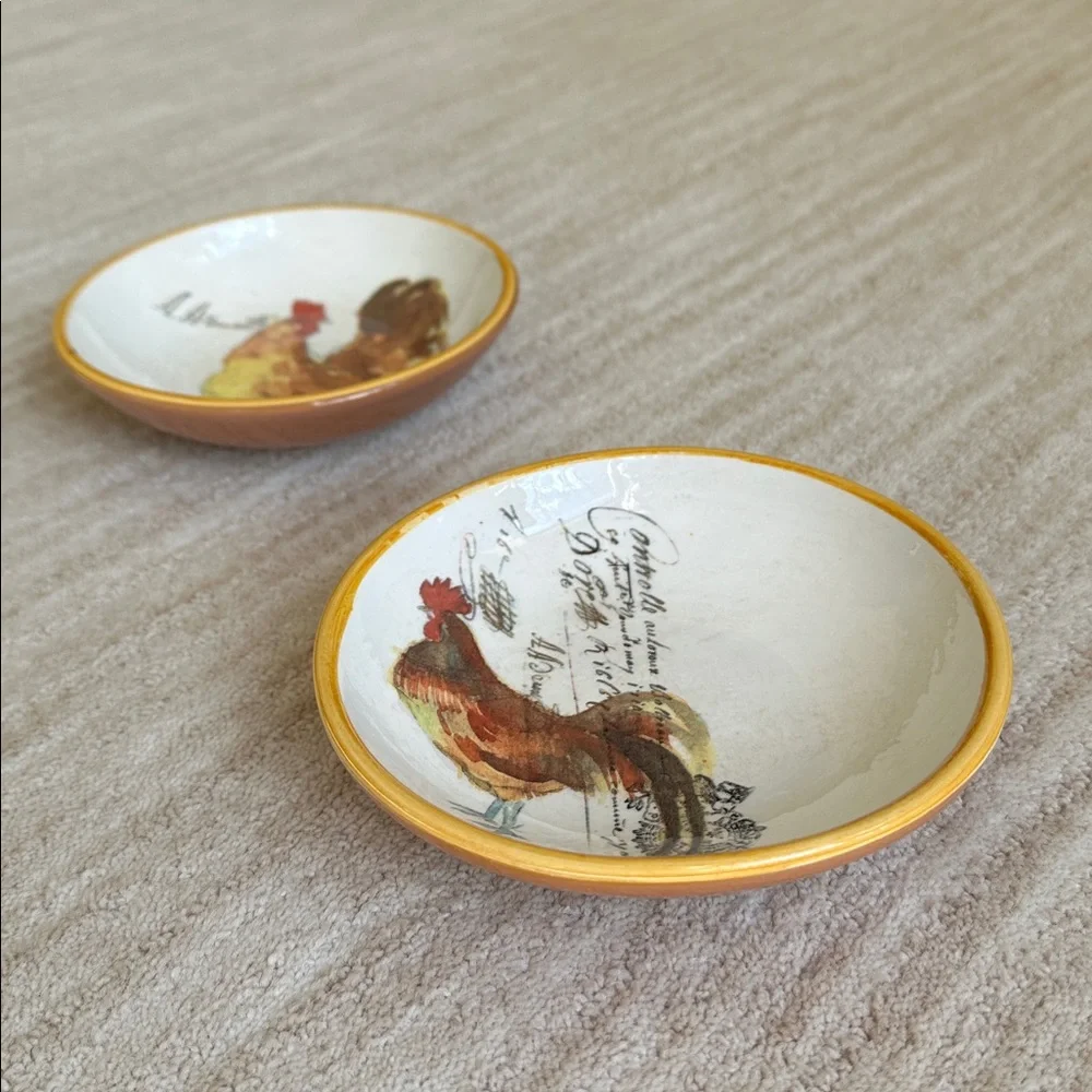 Set of 2 Williams Sonoma Rooster Script Individual Dipping Bowls Italy Farmhouse
